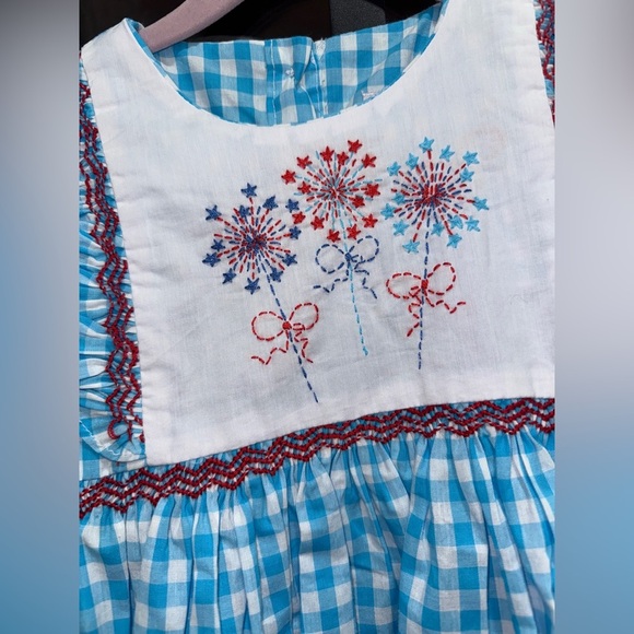 NWT fireworks dress embroidered smocked gingham avignon usa 4th of july toddler - Picture 4 of 6